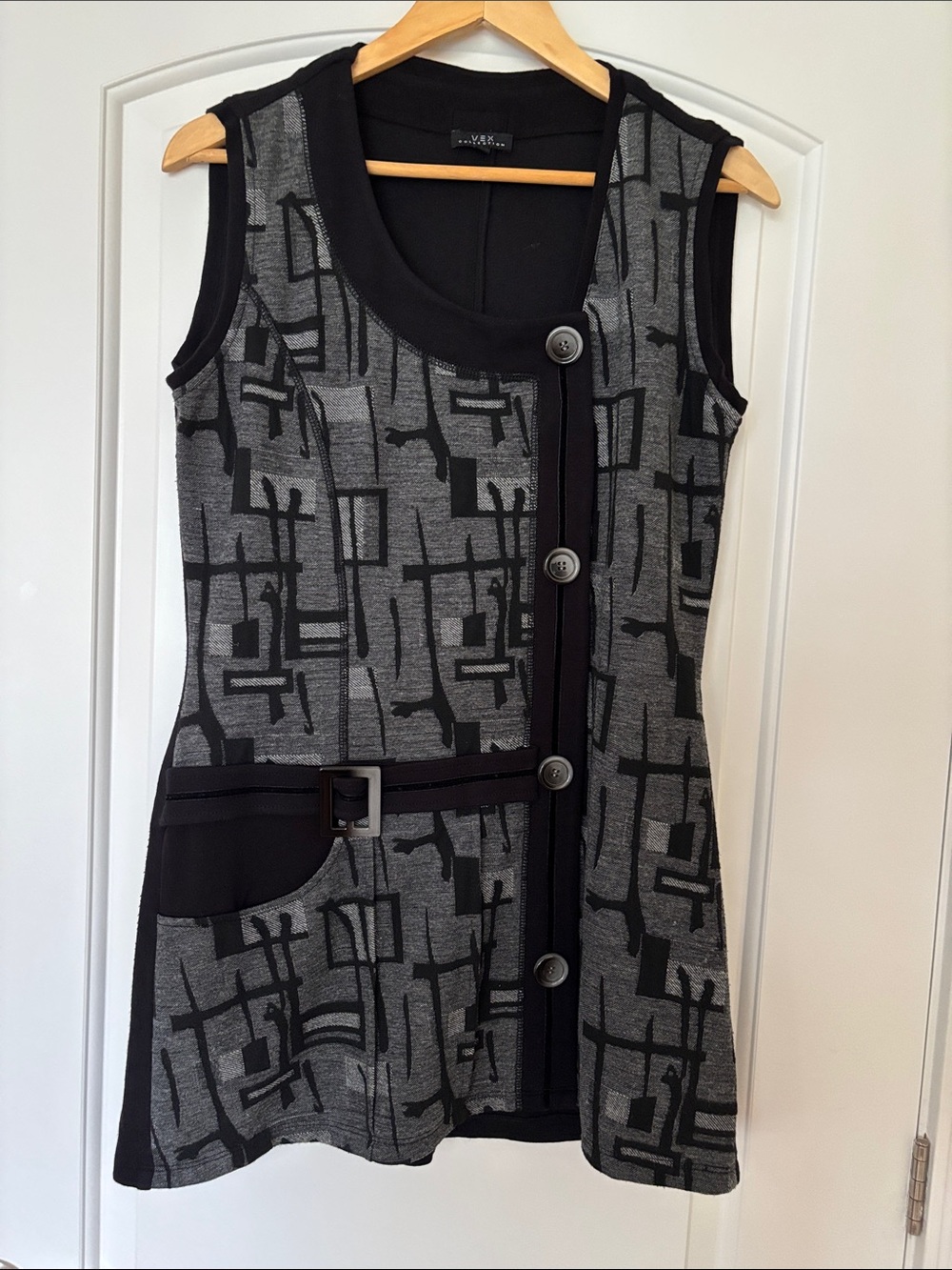Vex Collection Black Gray Abstract Print Tunic Vest Women’s 42 EUC